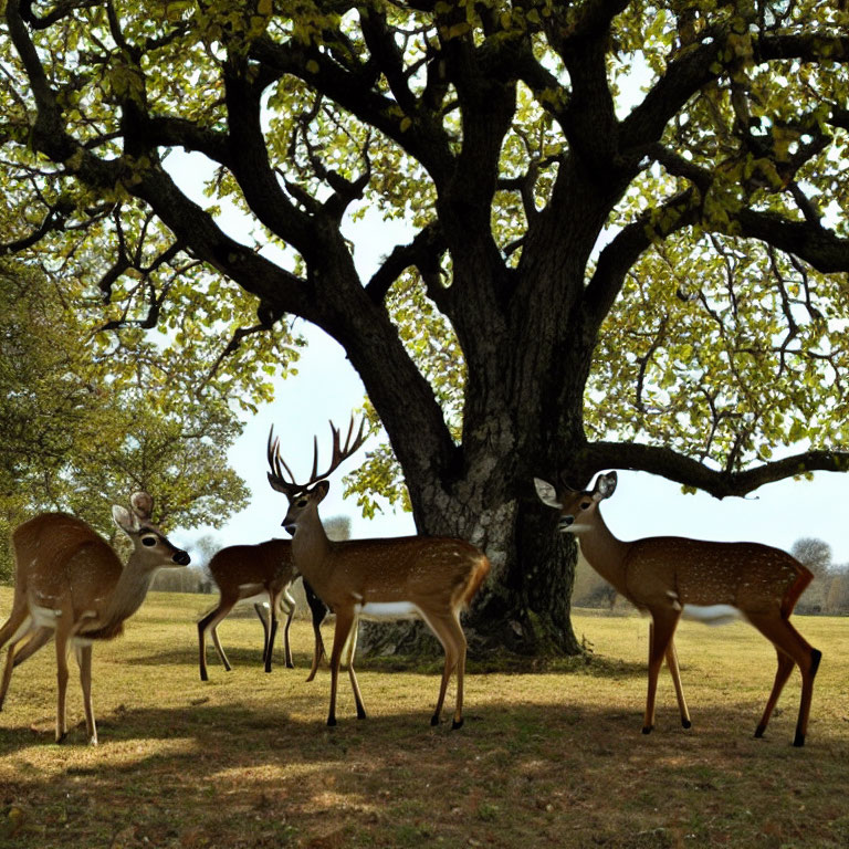 Group of deer with varied antlers under large tree in grassy field