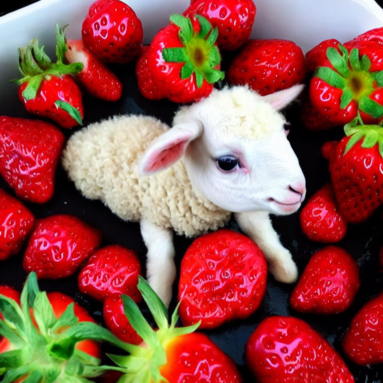 Whimsical digital art: Cute lamb with red strawberries on dark background