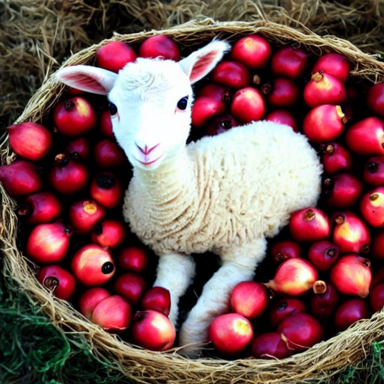 White lamb in basket with red apples - charming contrast.