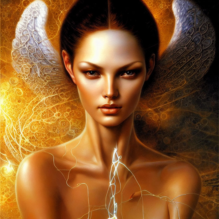 Digital art portrait: Woman with glowing wings and electric patterns on golden backdrop