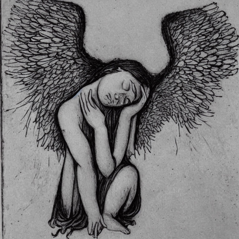 Sketch of forlorn figure with wings sitting in a despondent pose.