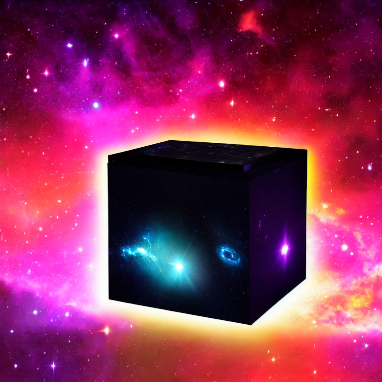 Surreal black cube with nebula and galaxies on vibrant cosmic background