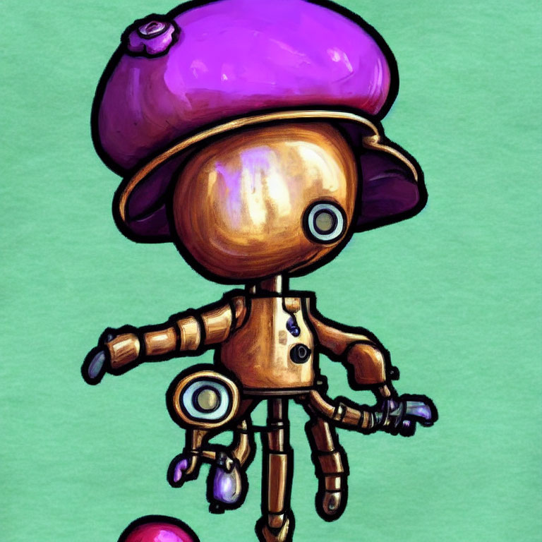 Quirky Robot with Purple Mushroom Hat on Green Background