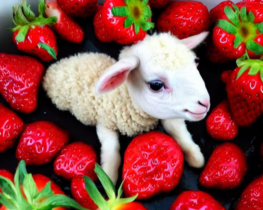 Whimsical digital art: Cute lamb with red strawberries on dark background