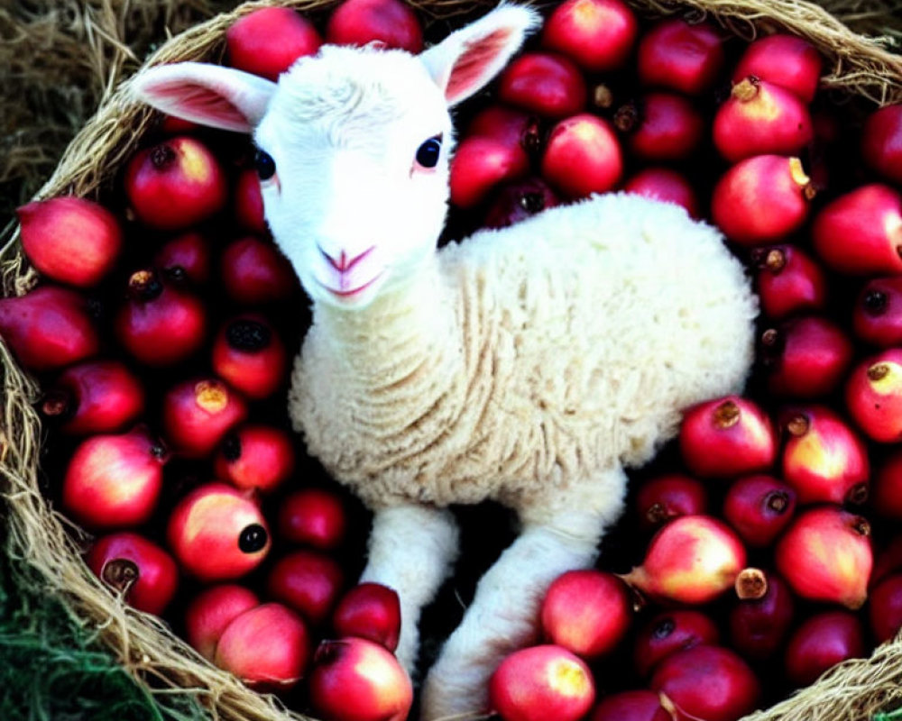 White lamb in basket with red apples - charming contrast.