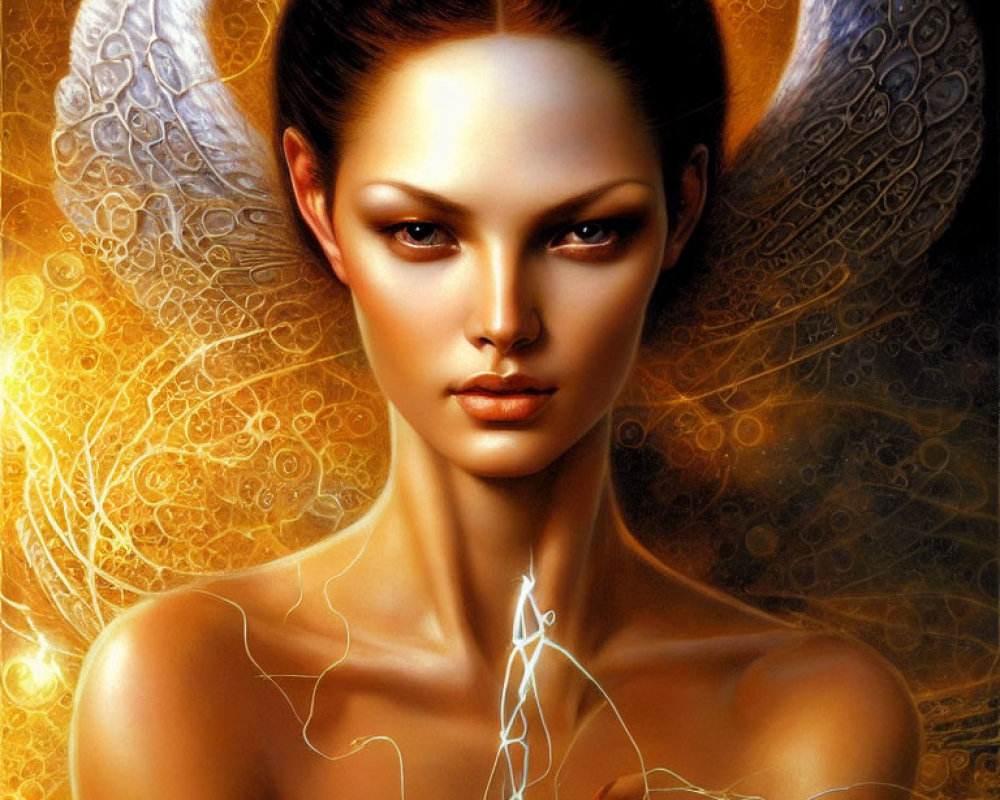 Digital art portrait: Woman with glowing wings and electric patterns on golden backdrop