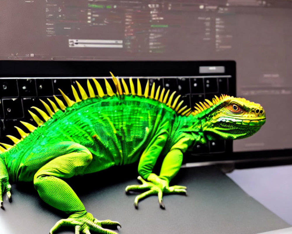 Green iguana on laptop keyboard with blurred code editor in background