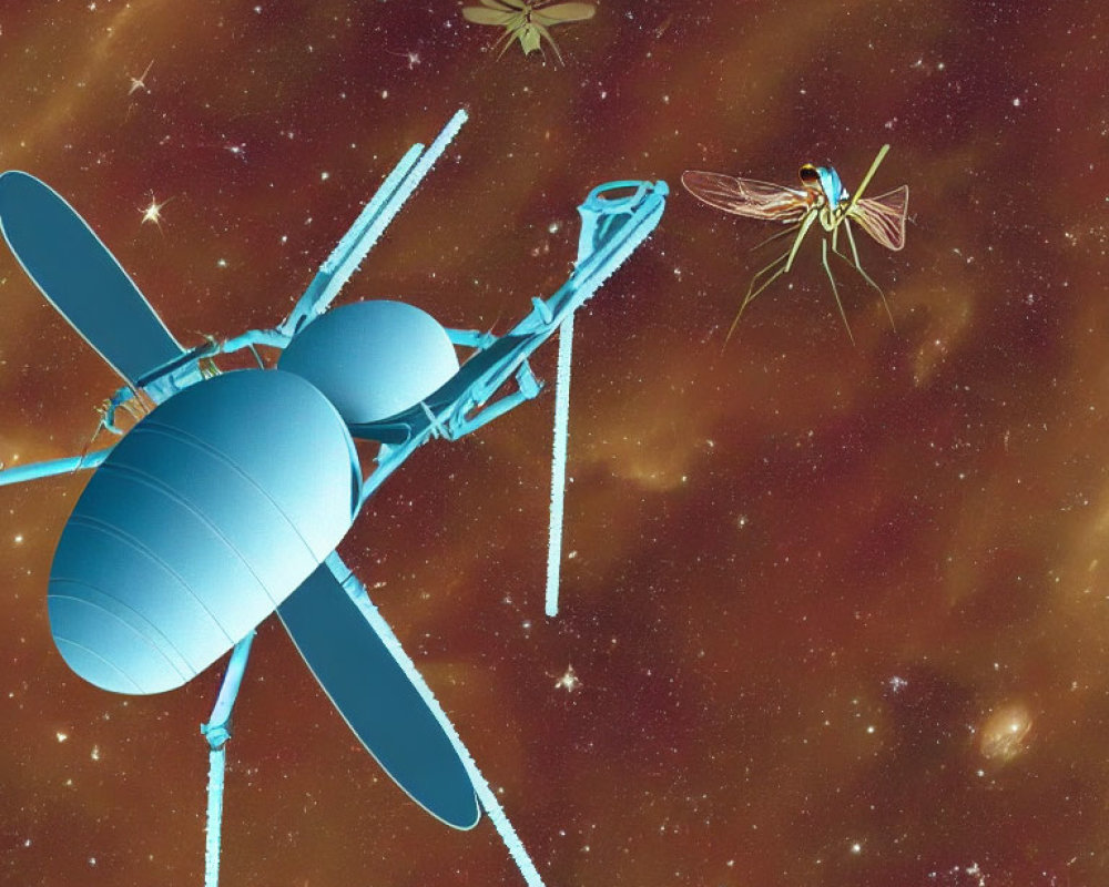 Blue mechanical dragonfly in space with cosmos backdrop & smaller dragonflies