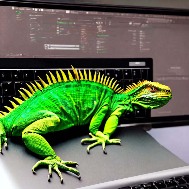 Green iguana on laptop keyboard with blurred code editor in background