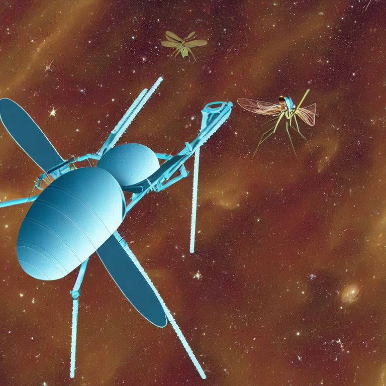 Blue mechanical dragonfly in space with cosmos backdrop & smaller dragonflies