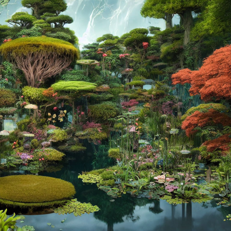 Fantasy garden with greenery, flowers, moss-covered trees, and pond under stormy sky