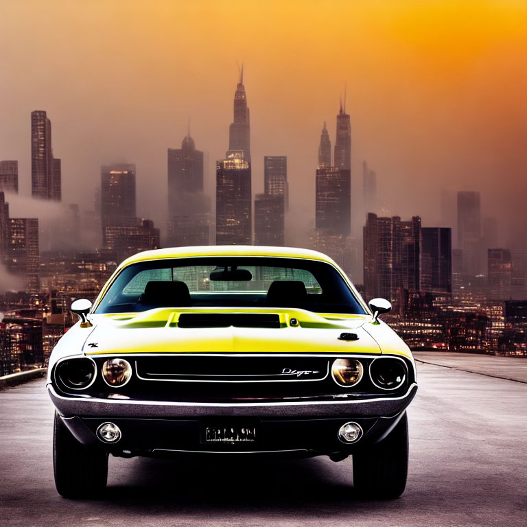 Vintage muscle car with racing stripes in urban sunset scene