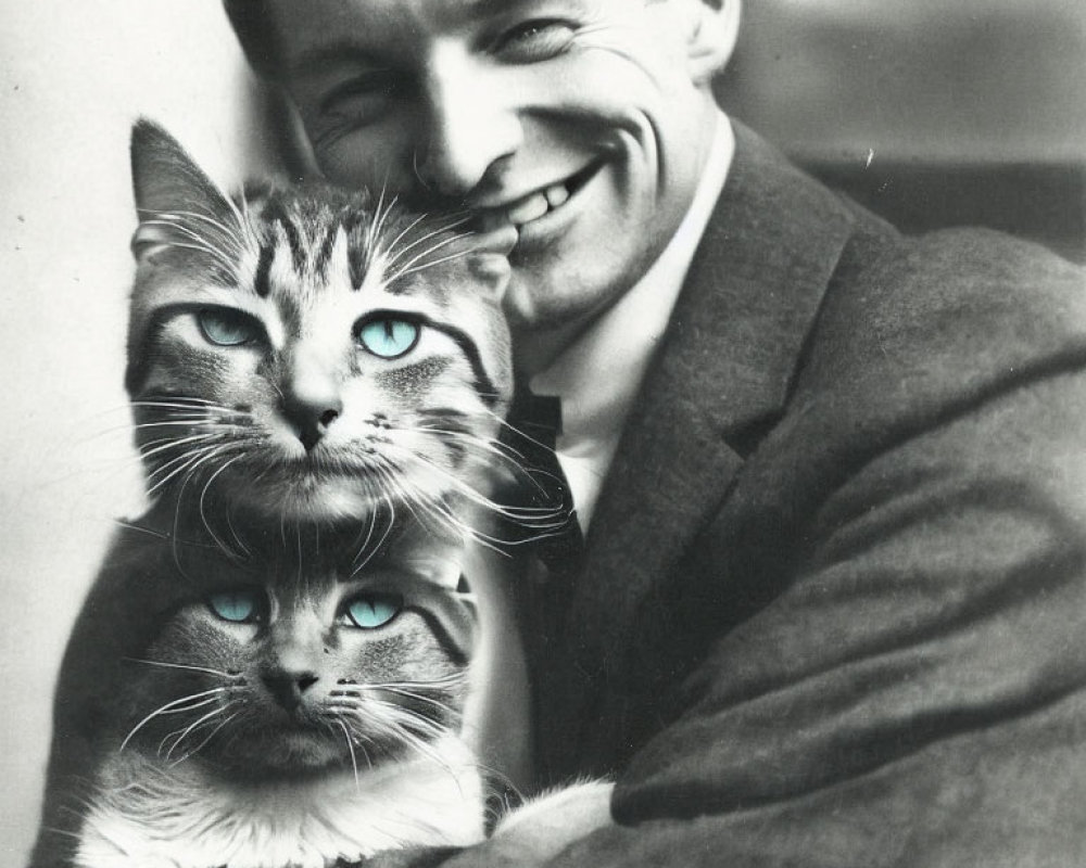 Monochrome image of man with blue-eyed cat