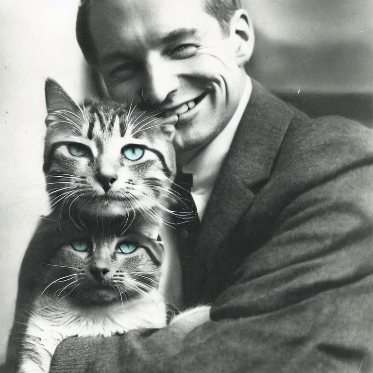 Monochrome image of man with blue-eyed cat