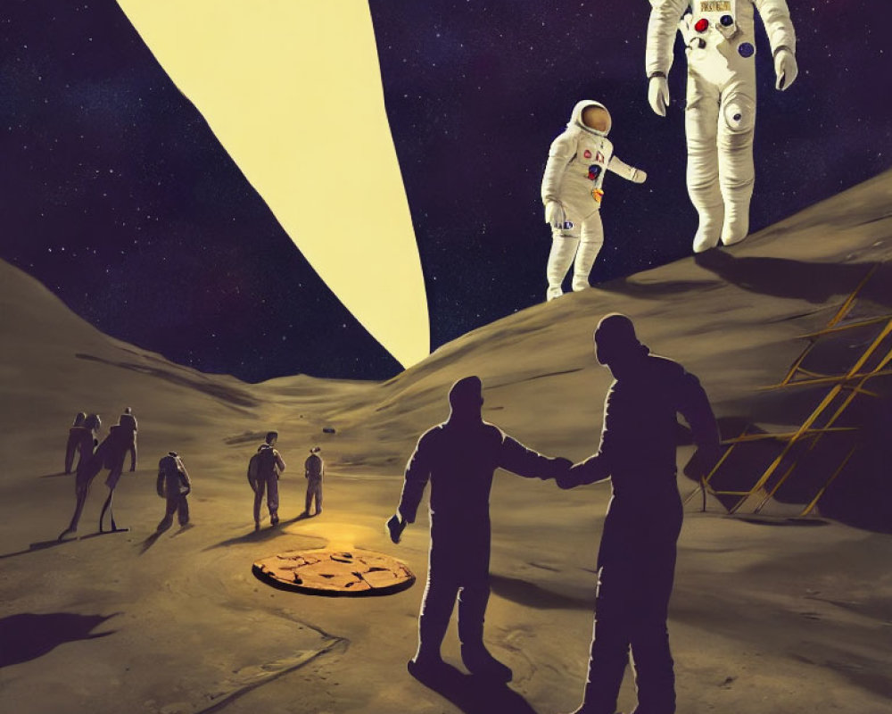 Surreal illustration: astronauts on lunar surface with people silhouettes, pizza sign, starry