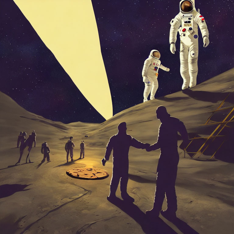 Surreal illustration: astronauts on lunar surface with people silhouettes, pizza sign, starry