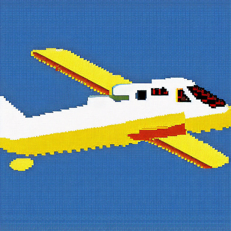 Pixelated yellow and white airplane on blue background in 8-bit style