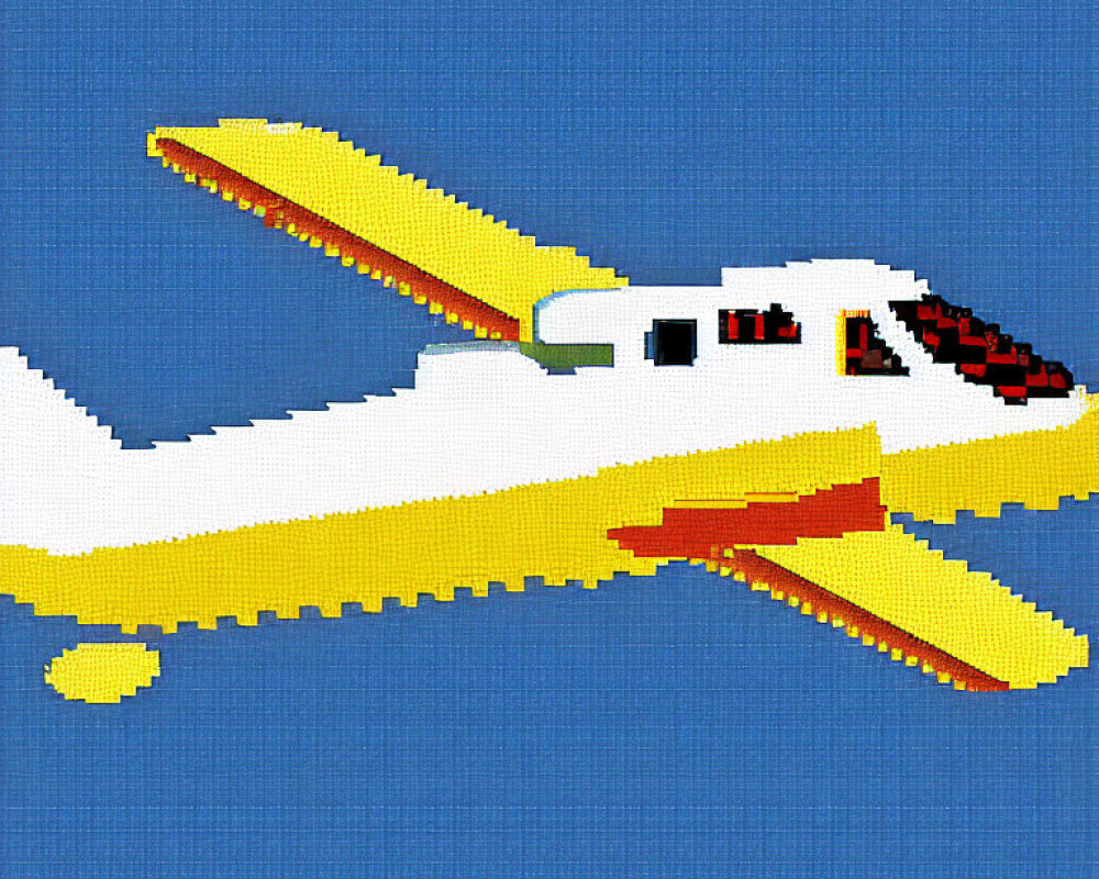 Pixelated yellow and white airplane on blue background in 8-bit style