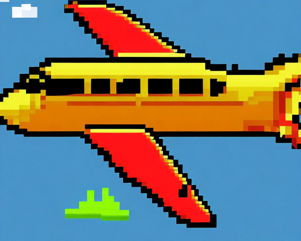 Yellow and Red Pixel Art Airplane Flying in Blue Sky