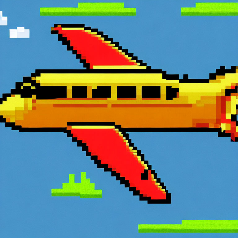 Yellow and Red Pixel Art Airplane Flying in Blue Sky