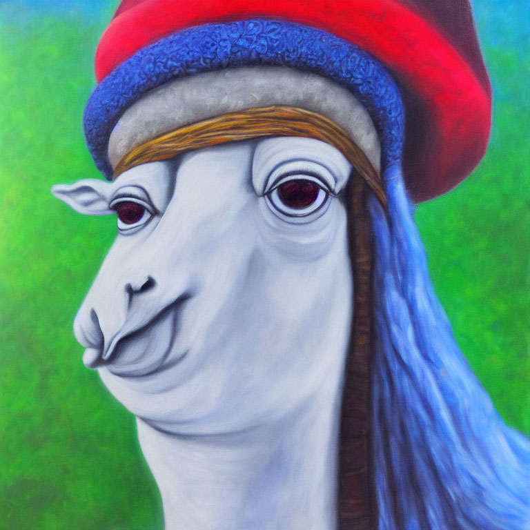 Colorful llama painting with red and blue hat on vibrant green backdrop