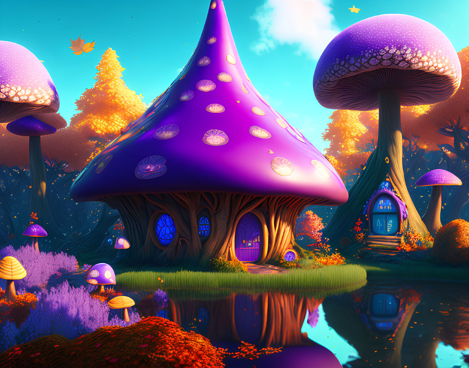 Colorful Mushroom Houses in Fantasy Landscape with Autumn Trees