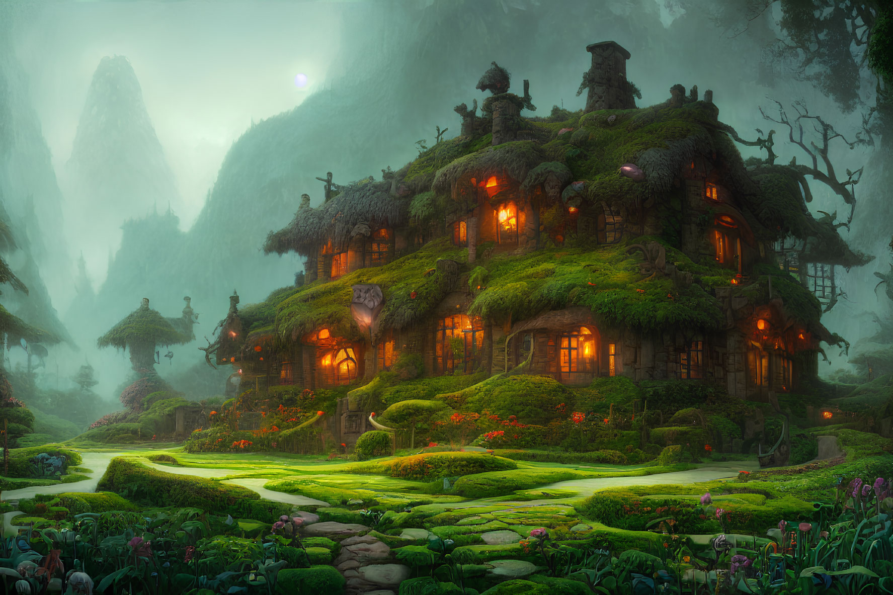 Enchanted forest landscape with whimsical cottages and misty surroundings