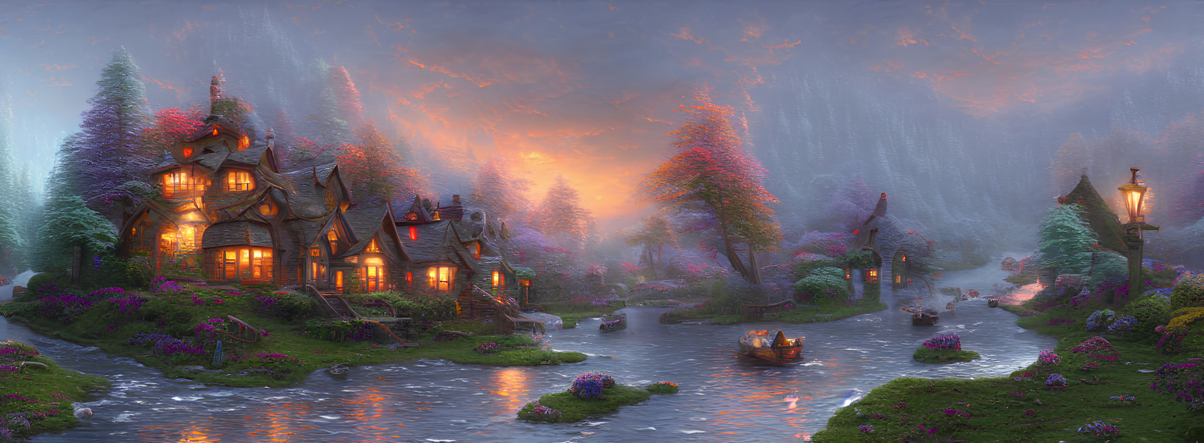 Fantasy landscape with cozy cottage, river, trees, lanterns, boat, and vivid sunset