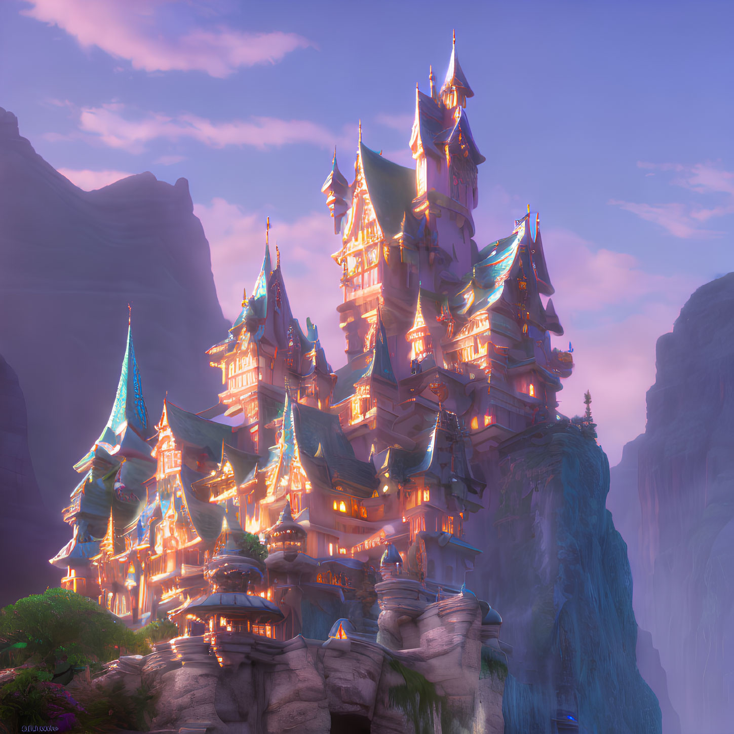 Fantastical illuminated castle on rocky cliff at twilight