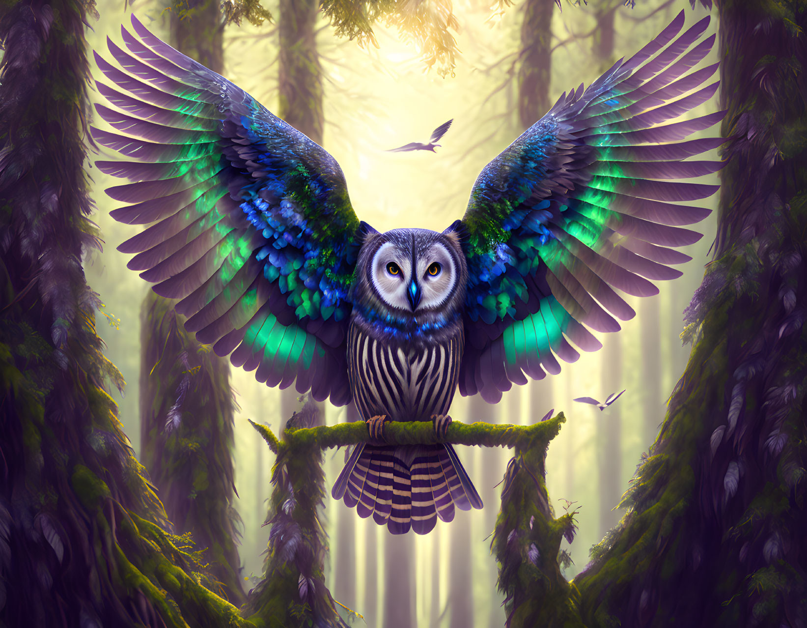 Colorful Owl Perched on Branch in Mystical Forest