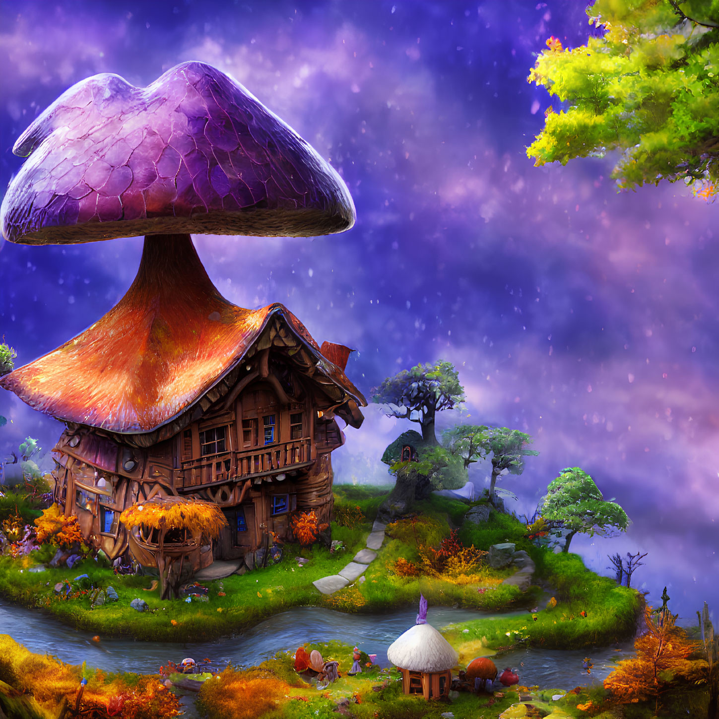 Fantasy landscape with mushroom house, vibrant flora, starry sky, and serene river