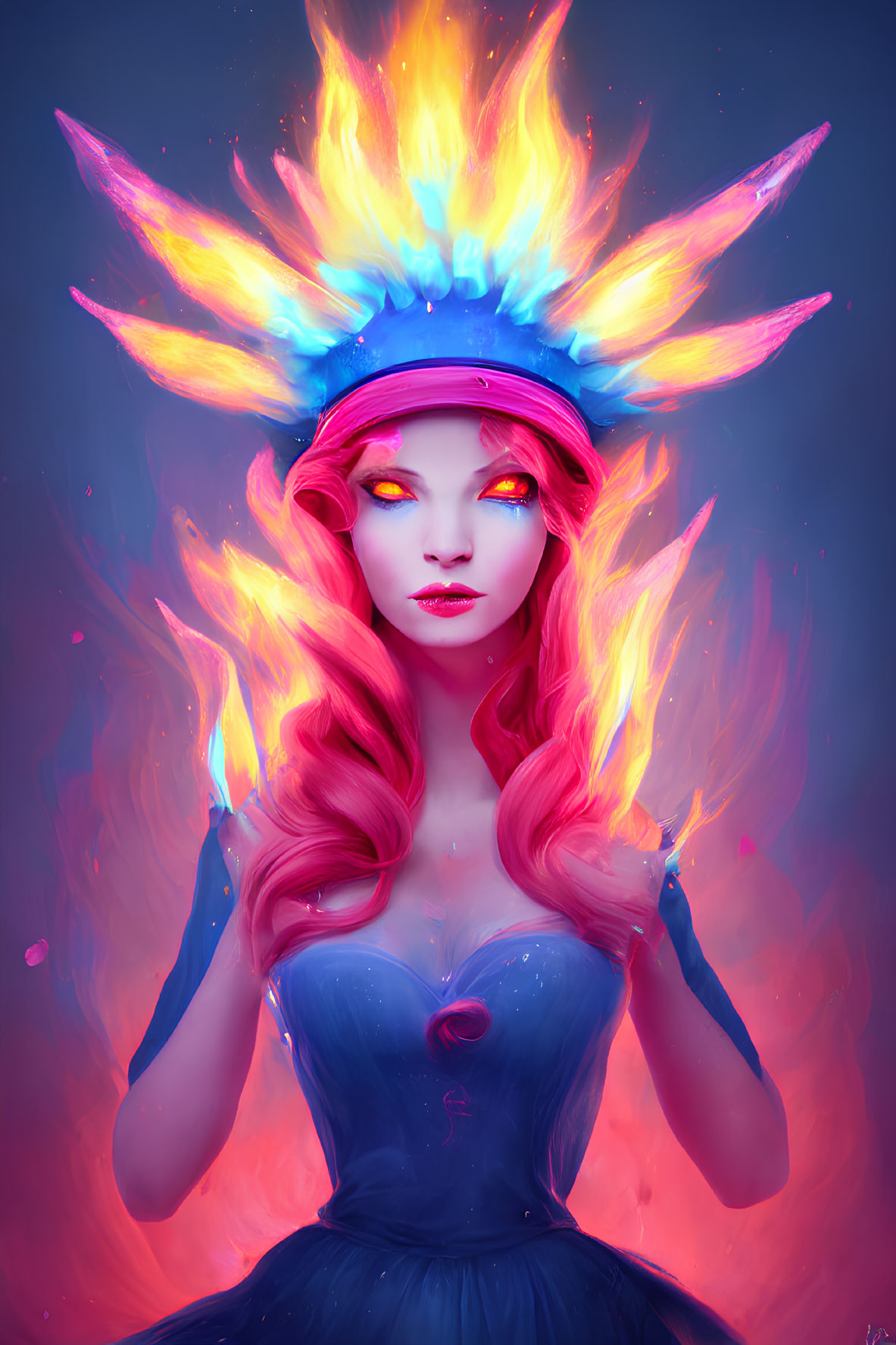 Colorful digital artwork: Woman with pink hair and fiery crown on blue backdrop