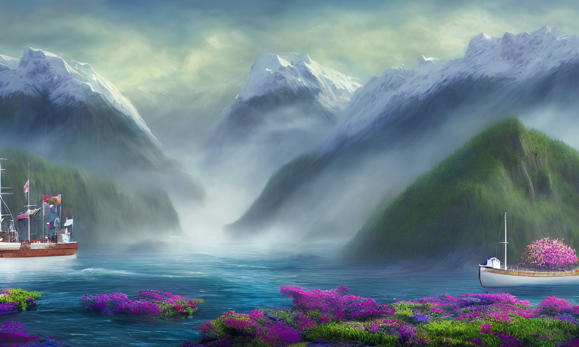 Tranquil landscape with purple flowers, misty mountains, river, and snow-capped peaks