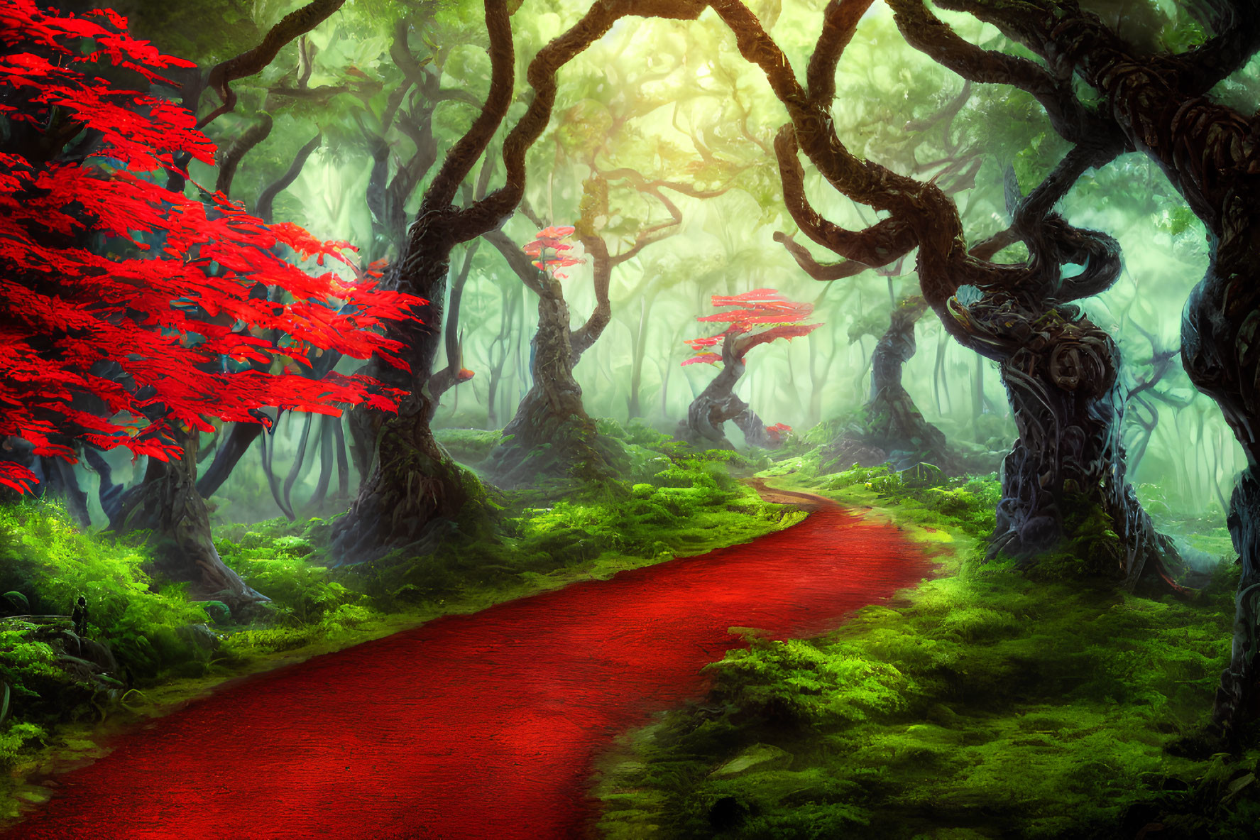 Enchanted forest with twisted trees and red foliage