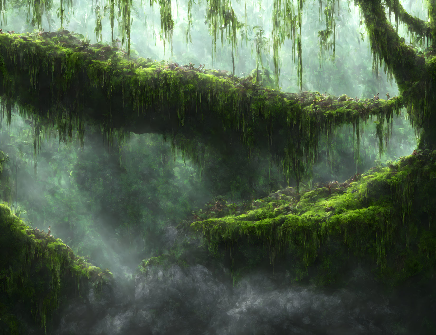 Moss-covered cliffs and dangling vines in misty forest setting.