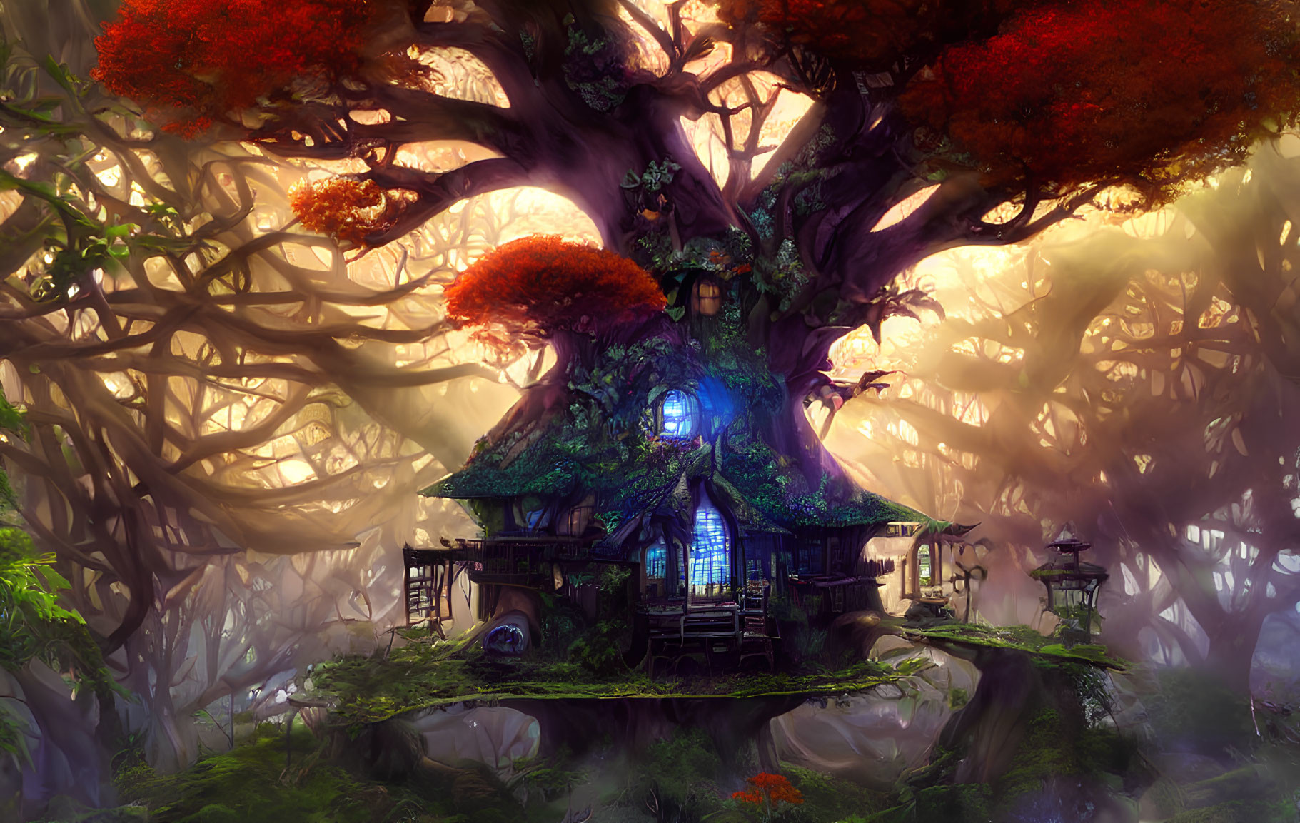 Enchanted treehouse in ancient, foggy forest