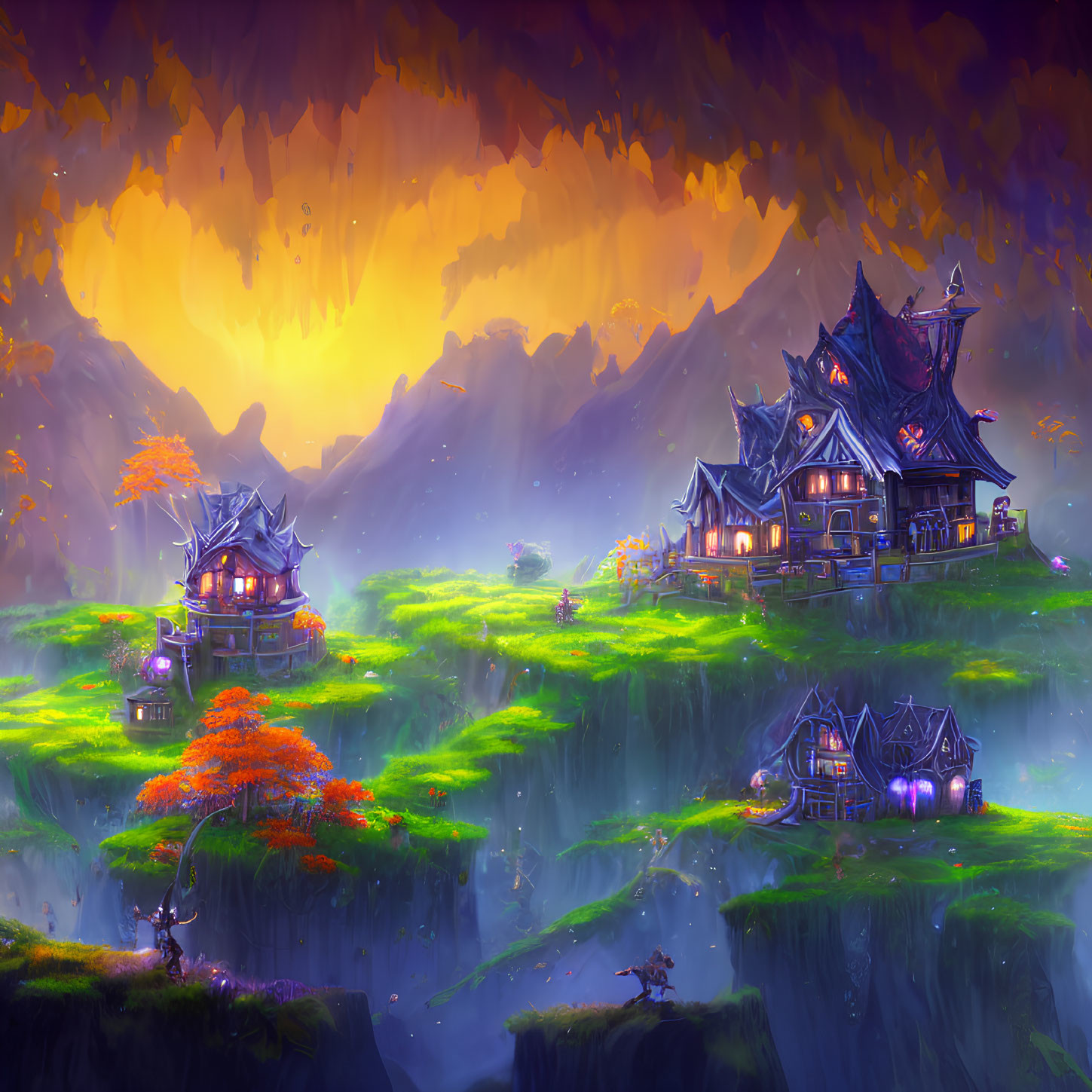 Colorful fantasy landscape with floating islands and traditional houses under orange sky