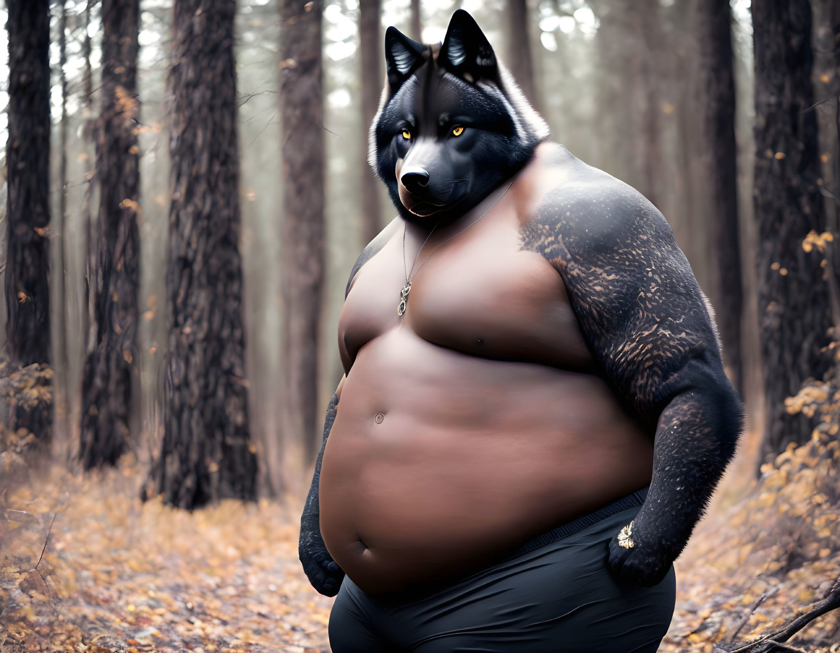 Muscular anthropomorphic wolf with prominent belly in misty forest