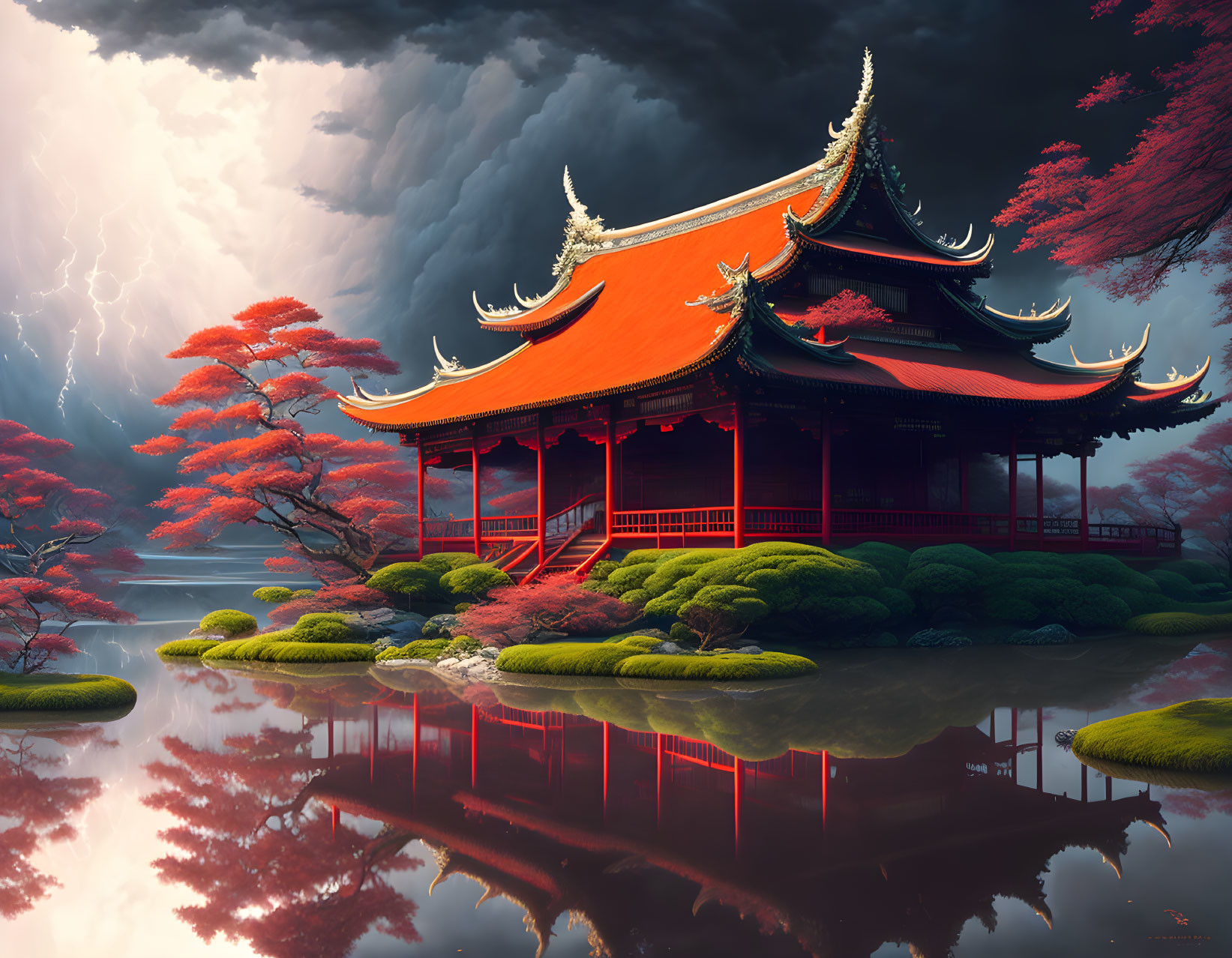 Traditional Japanese Red Temple Surrounded by Serene Pond and Red-Leafed Trees