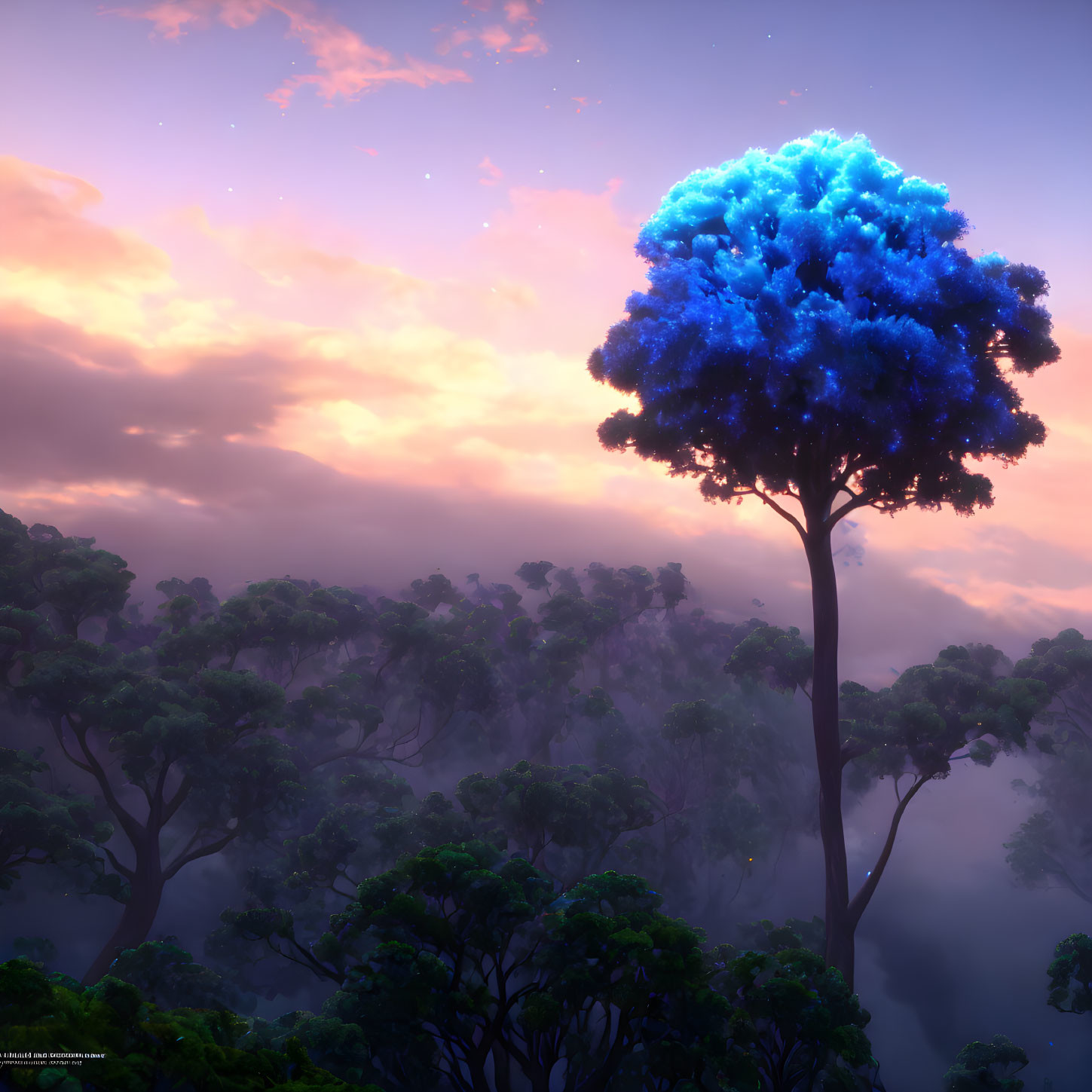 Solitary tree with vibrant blue foliage in misty forest at twilight