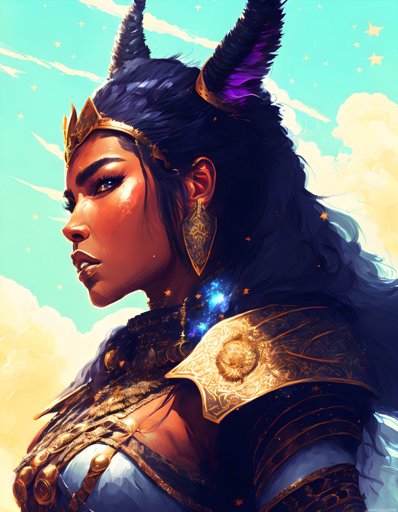 Fantasy character with golden crown and armor, elven ears, starlike tattoos, cloud-filled sky