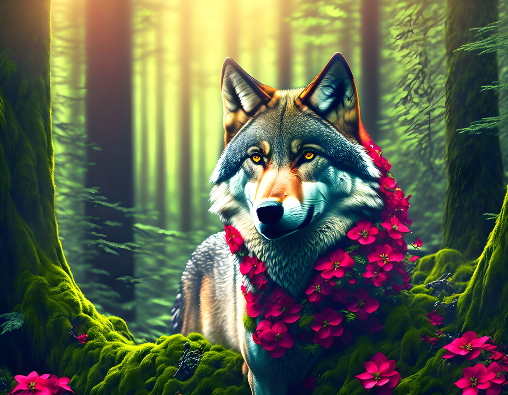 Realistic Wolf Digital Illustration with Vibrant Flowers in Forest