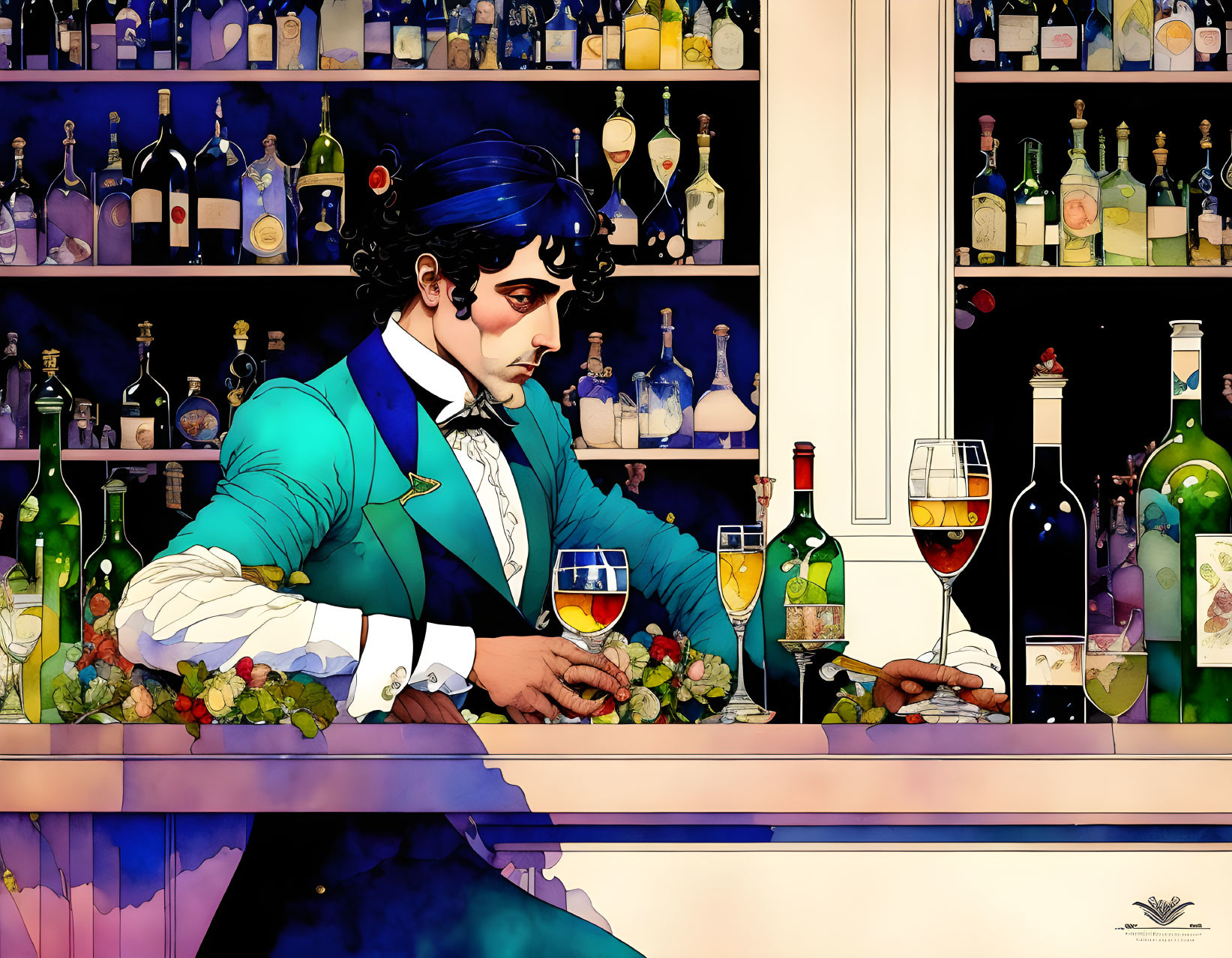 Illustration of person in blue suit at bar counter with wine bottles and glasses