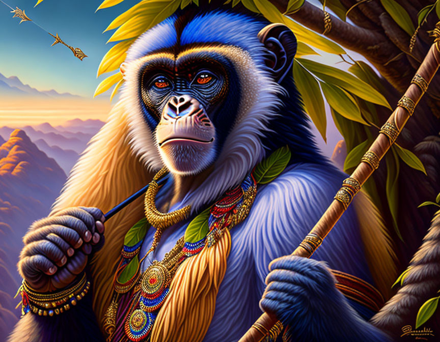 Colorful Anthropomorphized Monkey Illustration with Tribal Attire and Staff