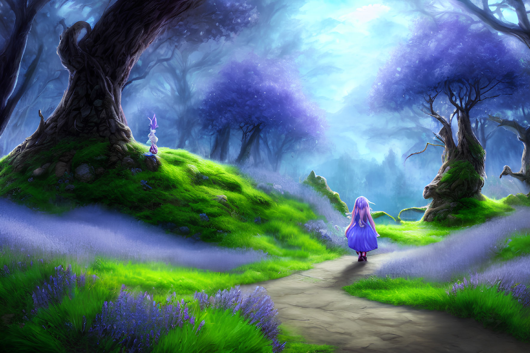 Blonde girl in blue dress walks through mystical forest