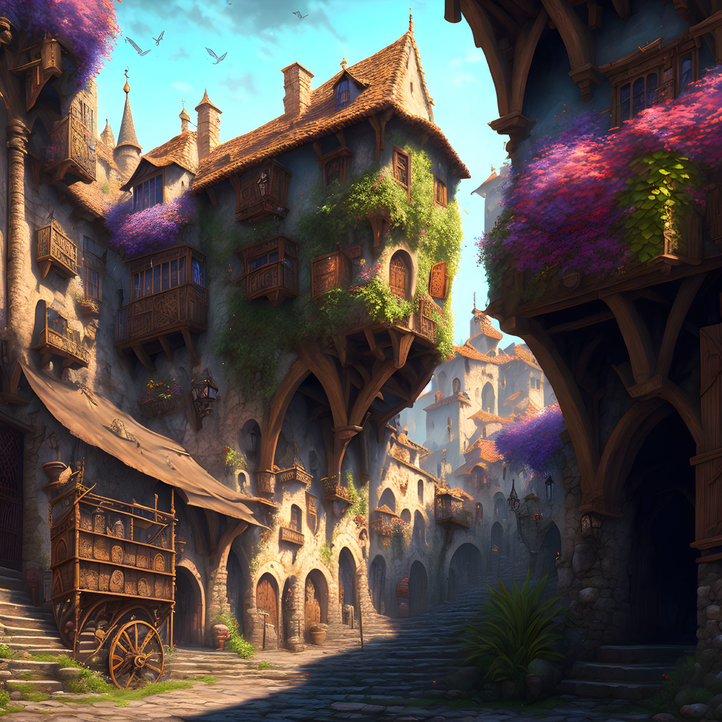 Fantasy Medieval Village with Cobblestone Paths & Colorful Flora