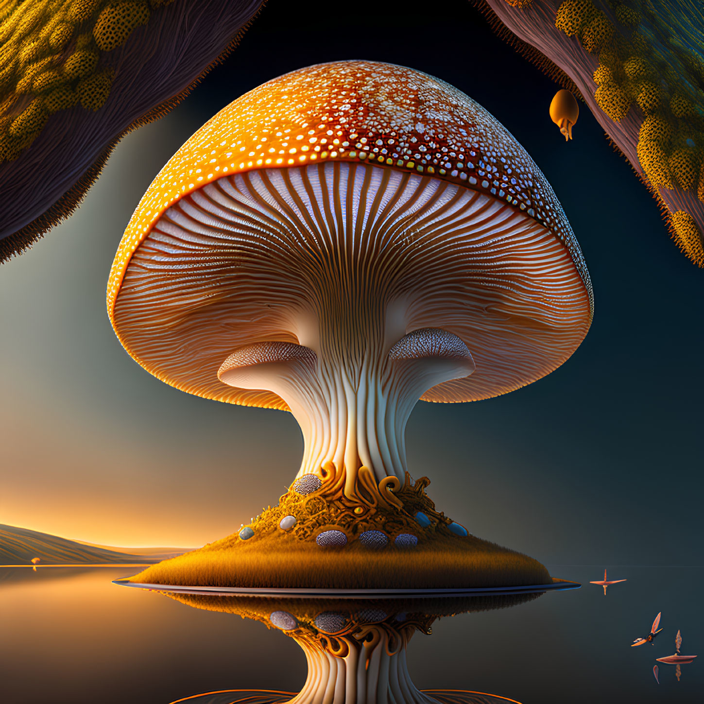 Giant mushroom with intricate patterns against surreal sunset sky