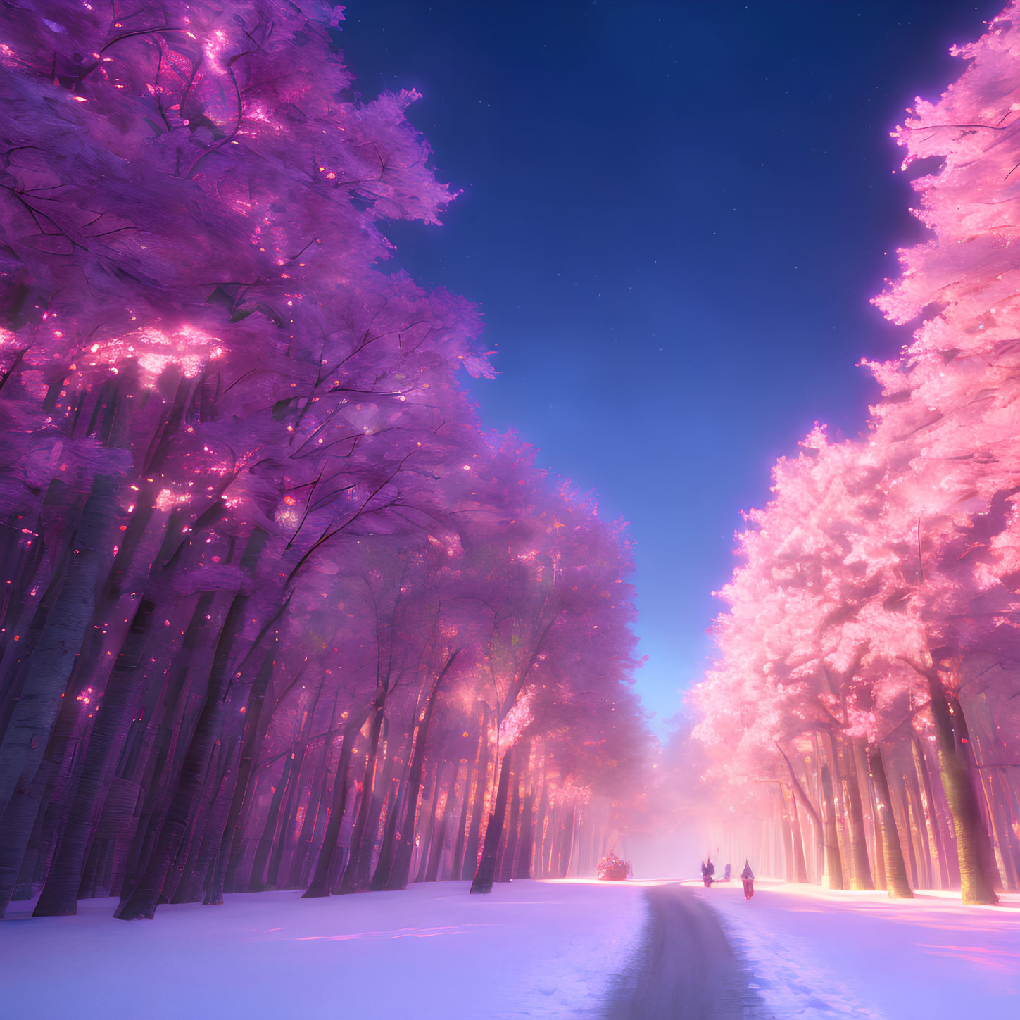 Snowy Landscape with Pink Trees and Figures in Purple Sky