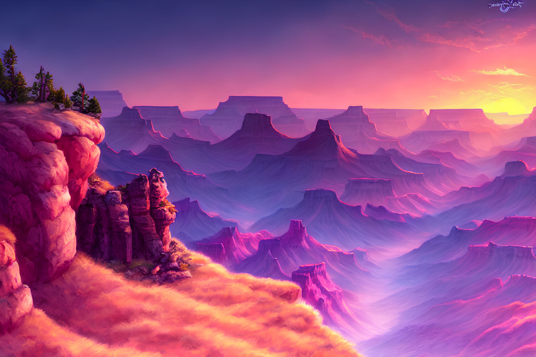 Surreal canyon landscape with purple and orange hues