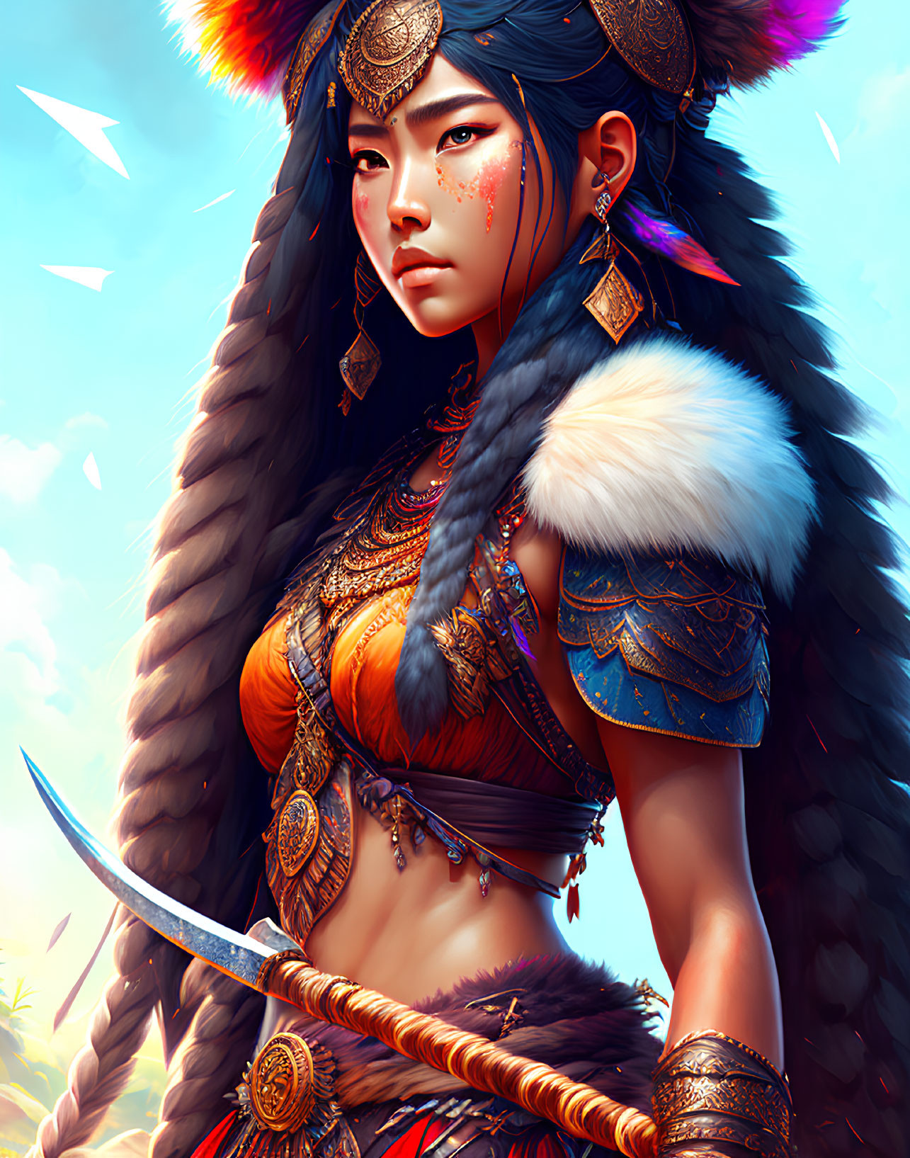 Female warrior digital artwork with blue face paint, feathered headdress, braided hair, and tribal